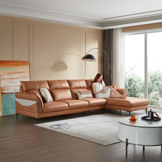 Linsy home furniture  L-shape Living Room Leather Orange Sofa with Chaise S155-A