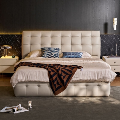 Modern Upholstered Bed with Leather